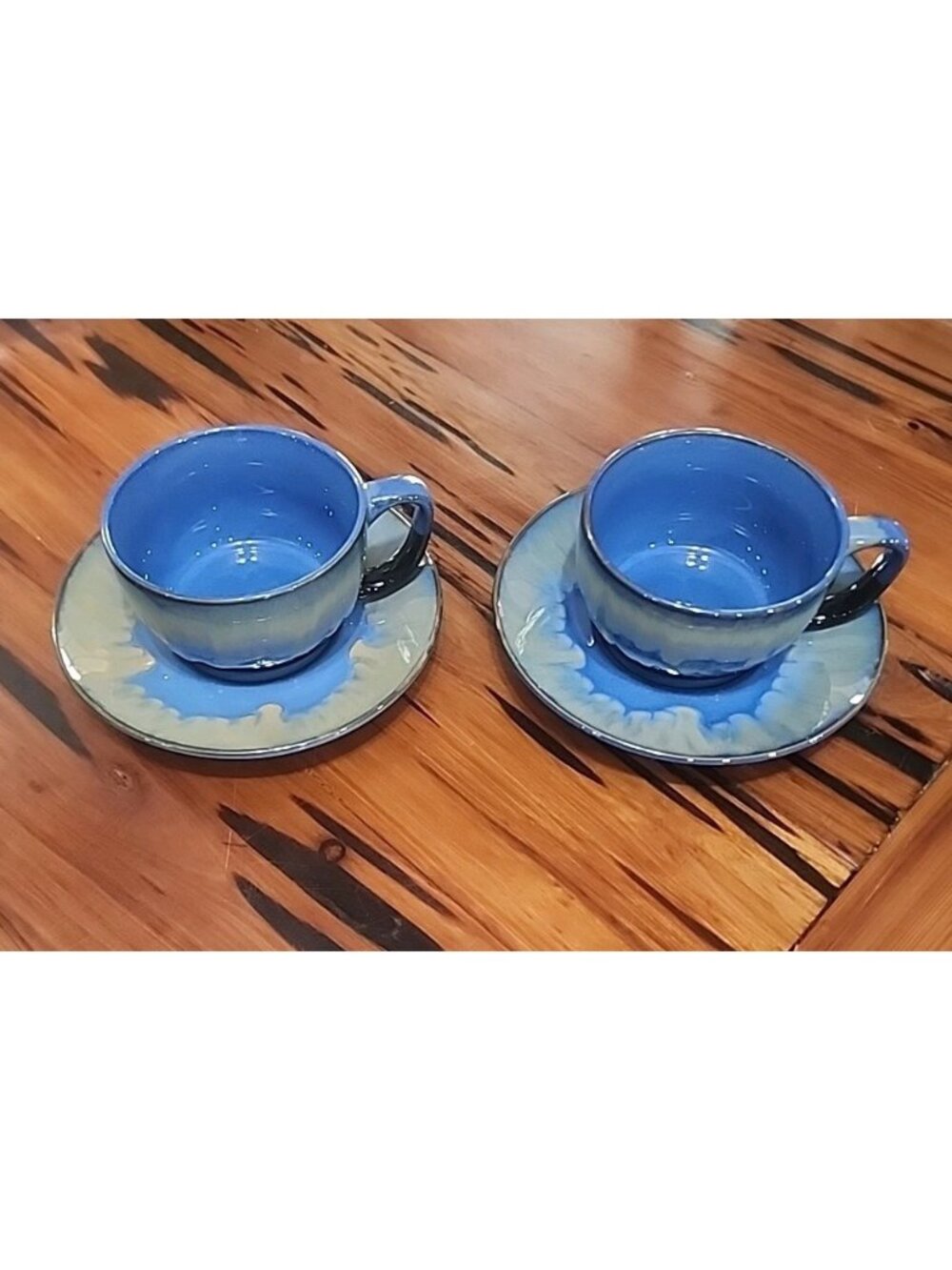 NIB BOSMARLIN Drip Glaze Stoneware Mug And Saucers Set Of 2 Tea/coffee Cups Blue